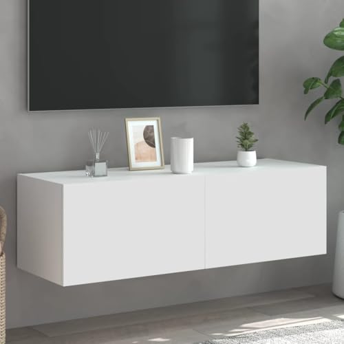 vidaXL Meuble TV Mural avec Lumières LED, Armoire de Télévision Suspendue avec Rangement, Meuble Télé Flottant, Moderne, Blanc Bois d'Ingénierie