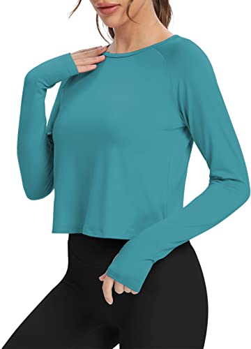 Bestisun Split Back Athletic Workout Long Sleeve Shirts Womens Exercise Sports Clothes Tunic Sweatshirts Activewear Yoga Running Tops Fall T Shirt For Women Blue Green S #TOP1