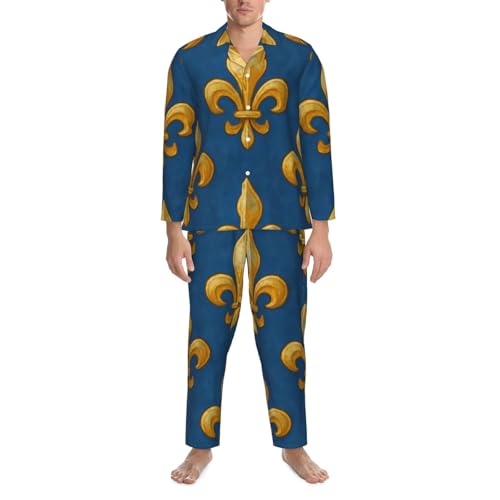 Mens Long Sleeves Pajama Set France Blue Fleur-De-Lis Cozy Two-Piece Loungewear For Nighttime Comfort,Casual Wear4