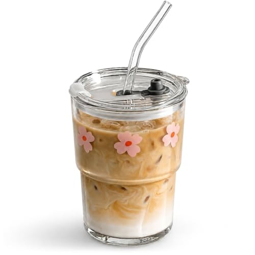Olvini 13oz Glass Tumbler with Straw and Lid, Reusable Iced Coffee Cup Tumbler, Cute Glass Cups for Water, Matcha, Travel Coffee Mugs (Pink Flower)