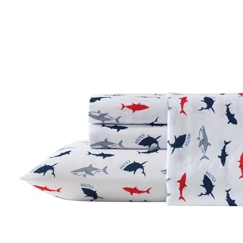 Nautica Kids - Queen Sheet Set, Ultra-Soft Microfiber Bedding with Fully Elastic Fitted Sheet, Coastal Kids Bed Set with Pillowcases, Easy Care Bedding (Branson Sharks)
