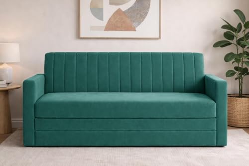 Image of Sofa-Cum-Bed | Three-Seater Foladable Sofa with Armrest | Modern Fabric Sofa Bed for Living Room, Bedroom & Office - Green Color