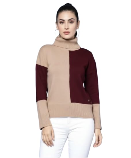 Women's Colorblock Turtleneck Sweater, Burgundy and Beige, Full Sleeve Winter Knitwear Pullover, Casual Woolen Top-image-48