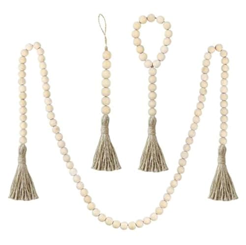 Image of SZETOSY Wood Bead Garland with Tassels Set - GOODCHANCEUK 3PCS Wood Bead Wall Hanging Decorations Farmhouse Beads Rustic Country Decor