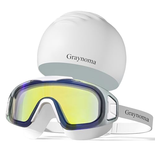 Graynoma Swimming Goggles Swimming Cap Set, Anti Fog Swim Goggles UV Protection Silicone Swim Cap Waterproof for Adult Men Women (green)