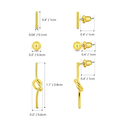 Women Small Stud Earrings Set: 3 Pairs Dainty Simple 14K Gold Plated Love Knot Bar Line Stick Ball Stud - Hypoallergenic Minimalist Cute Daily Jewelry Festival Gift For Girls Teen (Gold) #TOP6