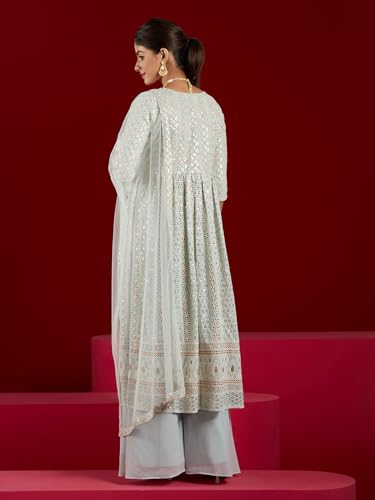 Image of Libas Art Womens Embroidered Georgette A Line Kurta With Palazzos and Dupatta | ethnic wear | bridal suit | wedding dress | occasion wear