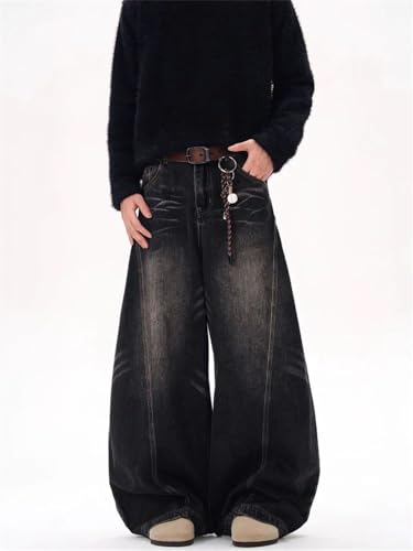 Men's Vintage Washed Baggy Jeans, Y2K Wide Leg, Curved Blade, Streetwear Cowboy Denim Trousers2