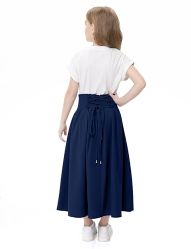 Image of Girl Maxi Skirt Elastic High Waist A-Line Long Skirt Smocked Waistband with Drawstring and Pockets 3-12 Years