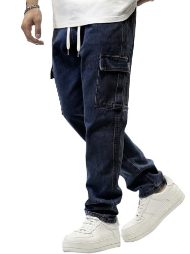 Image of JMIERR Men's Elastic Waist Cargo Jeans Stretch Denim Pants with Drawstring Straight Leg for Casual Daily Wear