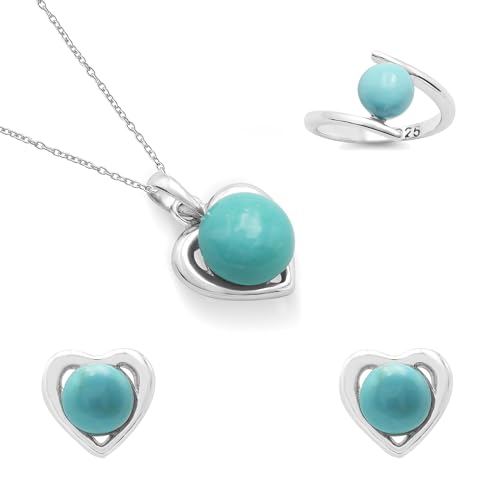 Joyas turquesas para diario con pendientes de corazón y anillo de plata 925