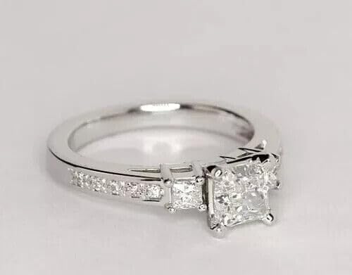 3.00Ct Princess Cut Lab Created Diamond Three Stone Engagement Ring, 14K White Gold Finish