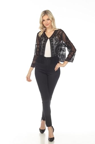 SIMPLY COUTURE Women's Summer Elbow Sleeve Scoop Neck Sheer Crochet Accent Soutache Sequin Tunic