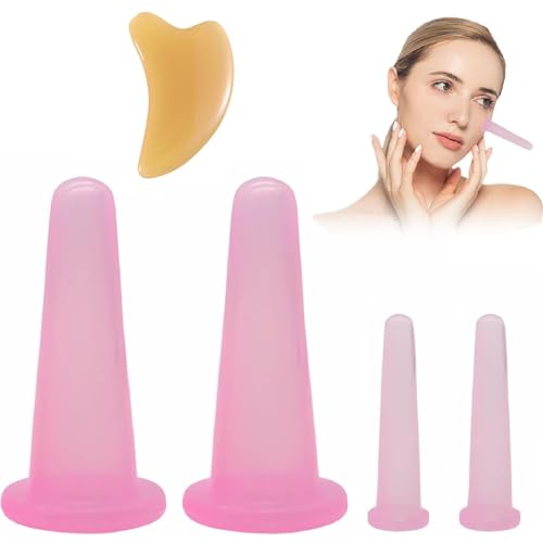 Juego de ventosas de silicona, cara de vacío, 4 unidades, anticelulitis, con herramienta facial Gua Sha para cara y cuello, masaje (rosa)