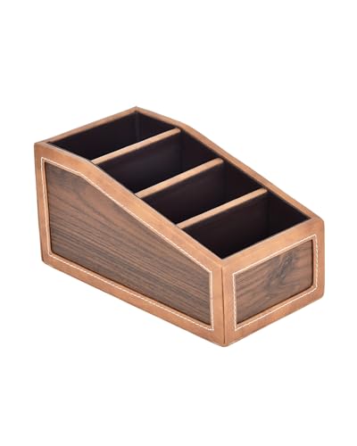 Image of Premsons Classic Remote Holder - 4 Section Tabletop Organizer in Light Brown | Faux Leather with Refined Wooden Finish | Decorative & Practical Organizer - Tan