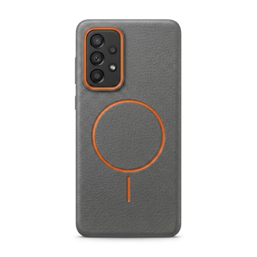Image of amazon basics Luxury MagSafe Compatible Leather Texture Back Cover for Samsung Galaxy A73 5G | Raised Camera Protection | Slim Fit Shockproof Case with Metallic Accents (Gray)