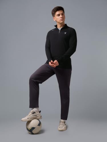 Image of TECHNOSPORT Men's Solid Quarter Zip Gym Slim Fit Active Sports T-Shirt with COTFLEX Full Sleeve Cotton Feel Polyester 4-Way Stretch Memory Fabric Lightweight Workout Running Training