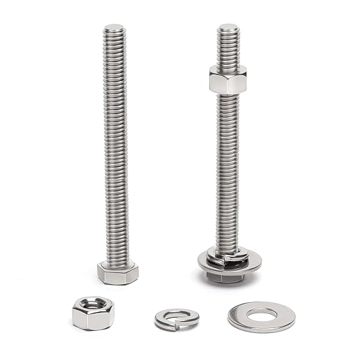 (9 Sets) 5/16-18 x 4" Hex Head Screw Bolt, Nuts, Flat Washer &amp; Spring Lock Washers, 18-8 (304) Stainless Steel, Fully Threaded, by Skvltvfyt