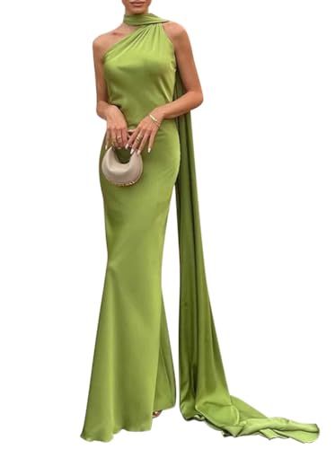 Minetom Cocktailkleid Damen Elegant Neckholder Satin Abendkleid Partykleid Maxikleid Rückenfrei Hochzeit Festlich Langes Kleid A Grün S