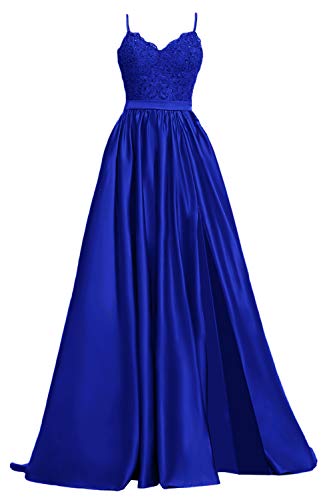 APXPF Women s Lace Prom Dresses Long Satin Slit Formal Evening Gowns with Pockets Royal Blue US14