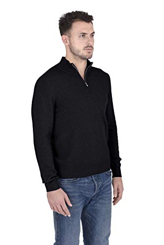 Cashmeren Men's Half Zip Mockneck Pullover 100% Pure Cashmere Zip Up Polo High Neck Sweater (Black, Large) #TOP1