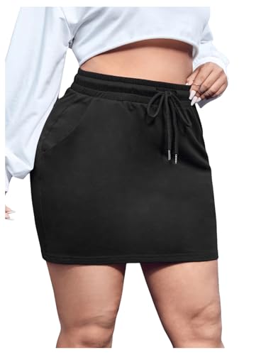 WDIRARA Women's Plus Size Bodycon Mini Skirt High Waisted Drawstring Skirts with Pockets