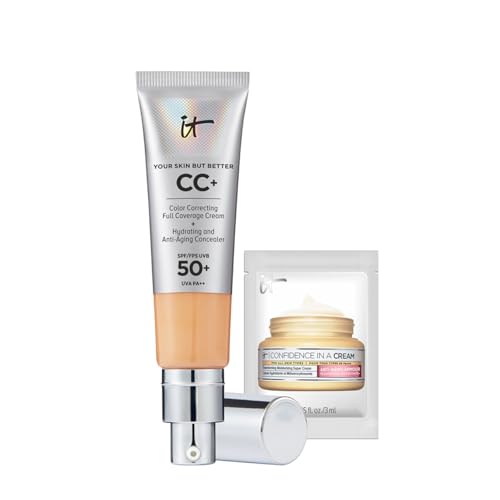 IT Cosmetics Your Skin But Better CC+ Cream, SPF 50 Protection, Full-Coverage Foundation and Concealer, Shade: Medium Tan, 32ml + Confidence in a Cream, Hydrating and Anti-Ageing Moisturiser, 3ml