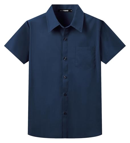 A&J DESIGN Boys Navy Blue Dress Shirt Short Sleeve Kids Easter Formal Uniform School Birthday Graduation Button Up Solid Button Down Shirt with Chest Pocket Size 10