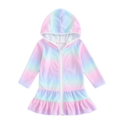 Image of Geagodelia Zip Up Hooded Poncho Towels for Kids Toddler Girls Terry Towelling Soft Changing Robe Towel Long Sleeve Beach Cover Up Dress (Cotton Candy Pink, 7-8 Years)