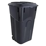 32 Gallon Wheeled Garbage Can, Heavy-Duty Plastic Trash Bin with Attached Lid, Rugged Wheels & Easy-Grip Handle for Indoor & Outdoor Use