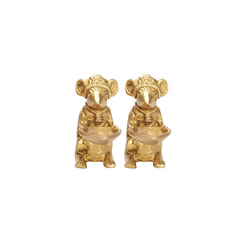 Kartique Brass Ganesha Mooshak Diya Idol - 3 Inches Tall, Decorative Oil Lamp Murti for Home and Temple ( 2 Pcs)