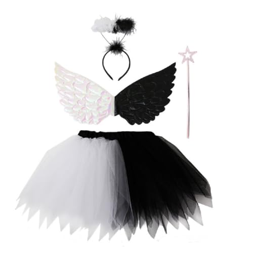 jiejack Alas de ángel Accesorios para disfraz de Halloween Fiesta Niños y Adultos Negro Blanco Plumas Cosplay Alas Correas ajustables para Navidad Teatro