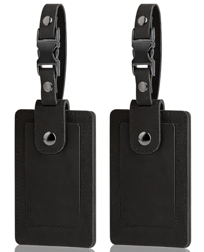Premium Genuine Leather Luggage Tags for Suitcases - Quick Release, Privacy Protection, Elegant and Durable, Travel Essential Luggage Tag - 2 Pack Black