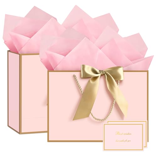Image of JMANNI Pink Gift Bags with Handles, 13 inch Medium Gift Bag for Presents, 2 Pcs Bags with 4 Tissue Paper and 2 Cards for Baby Shower Wedding Bridal Shower Mother's Day Birthday Party (Pink-gold)