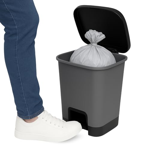 TECHZOCO Cubo basura plástico, Cubo basura apertura pedal, Papelera de pedal, cubo de Pedal, Basura para oficina, Libre BPA, 45 cm alto x 38 cm ancho x 32 cm fondo, Capacidad 27 Litros, Gris/Negro