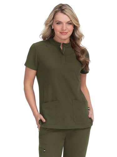 KOI Next Gen Driven Women's 4-Pocket Mandarin Collar Scrub Top Olive Green L