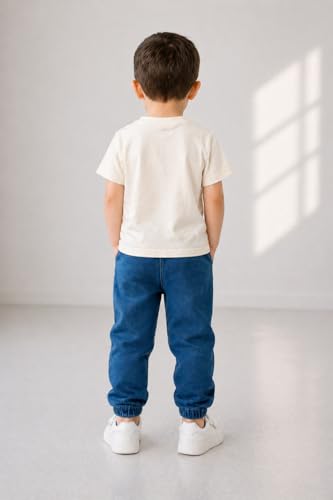 Image of Bold N Elegant Toddler Boys Clothing Set Apple Print T-Shirt with Denim Jogger Pants | Kids Casual Summer Outfit Set | Soft Cotton Tee & Elastic Waist Jeans