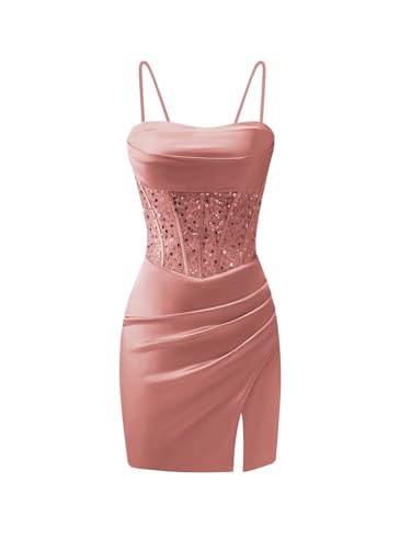 OFEECHUN Spaghetti Straps Satin Homecoming Dresses Sequin Corset Short Cocktail Prom Dress for Teens