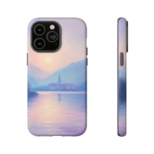 Coque iPhone 14 Pro Max rigide Sunset Over Misty Lake style violet