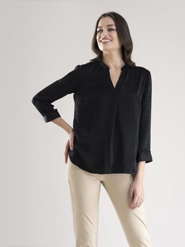 Image of FableStreet Women Shirt Work & Casual | Relaxed Fit Mandarin V-Neck Three-Quarter Sleeves Solid Pattern | Breathable Woven Fabric for Office & Everyday Wear