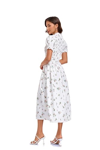 Image of RIHOAS Plaid Gingham Midi Dress Short Sleeve Smocked Dresses for Women | Cotton,Ruffle Puff Sleeves,Vintage Brown,Spring Summer Casual Daily,Picnic,Travel,Vacation,Christmas Festive Occasions