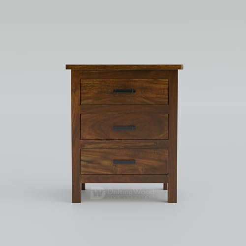 Image of DRIFTINGWOOD Roovi Solid Sheesham Wood Bedside Table with 3 Drawers | Wooden Nightstand & Side Table for Bedroom (Walnut Finish)