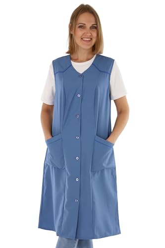Blouse pour femme sans manches Tablier de cuisine Tablier Boutonné uni Robe de maison, bleu, 52