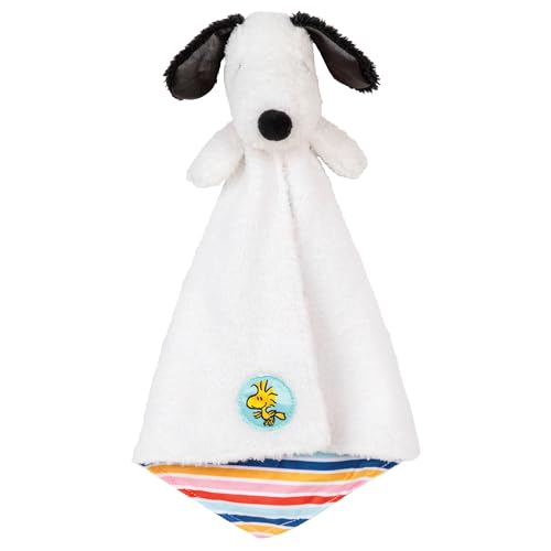 Kids Preferred Peanuts Snoopy Baby Blanket - Ultra Soft Striped Details Snoopy Lovey Satin Accents Ages 0 Months and Up Woodstock Applique 15 In