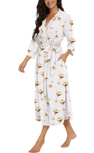 Image of VINTATRE Robes for Women Long Knit Bathrobe XS-4XL | 3 /4 Sleeve Bathrobes with Pockets, Stretchy and Lightweight Fabric, Inner Tie and Fixed Outer Matching Belt, Mid Calf Length