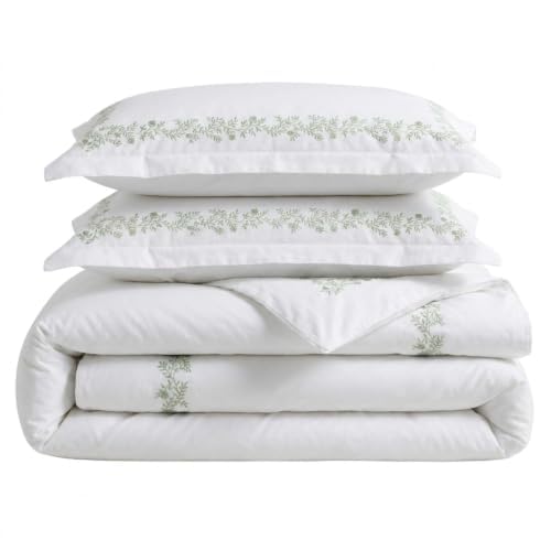 Image of Martha Stewart - Twin Comforter Set, Soft Cotton Front with a Smooth Cotton Percale Reverse, 2 Piece Bed Set with Matching Pillowcase (Garden Path Embroidery Green)