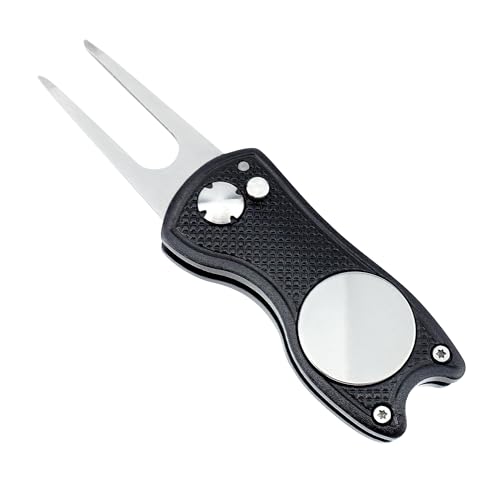 Quacc Golf Divot Repair Tool, Metal Foldable Pitch Mark Repair Tool with Pop-up Button and Magnetic Ball Marker (Black)