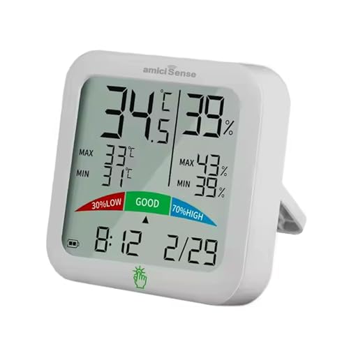 amiciSense Digital Hygrometer Thermometer, AS-55 Temperature and Humidity Monitoring Weather Station with Clock and LCD Display with Backlight, Plastic, Pack of 1