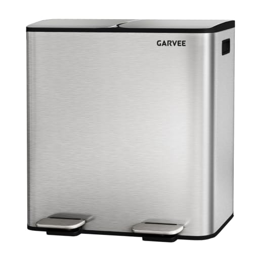 Garvee 2×10.6 Gal Dual Kitchen Trash Can Fingerprint-Proof Stainless Steel | 2 Removable Inner Buckets Step Pedal Soft-Close Lid 80 L Double Compartment Garbage Can Recycling Bin Modern Kitchens Silve