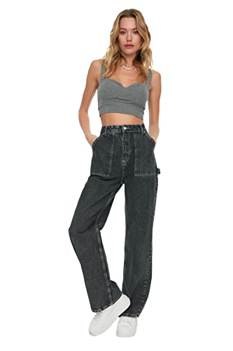 TRENDYOL Damen Mobile Detaillierte Hohe Taille 90er Jahre Breite Beinjeans Jeans, Anthracite, 38 EU